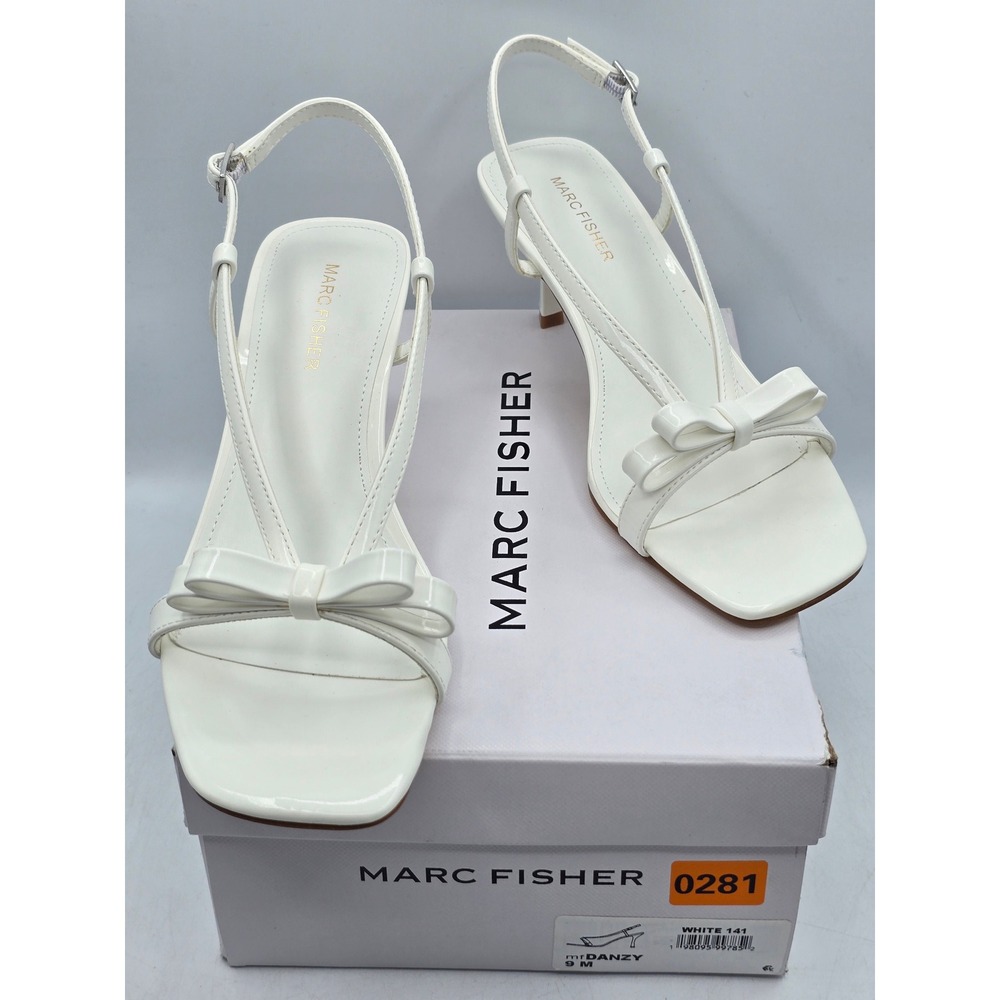 Marc Fisher Danzy Slingback Sandals Womens 9 White Patent Bow Heel - New